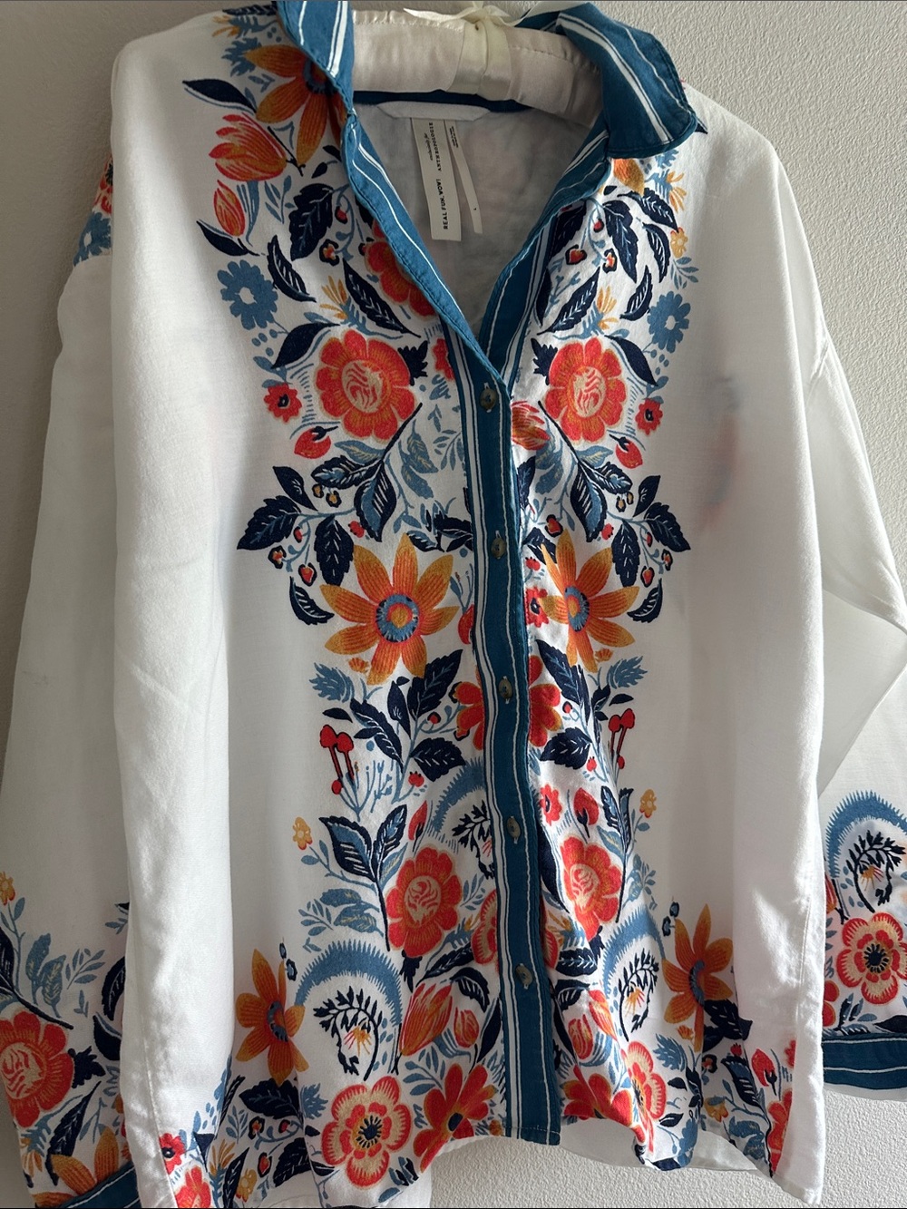 Anthropologie White With Teal Blue And Orange Floral Design Shirt - Picture 6 of 15